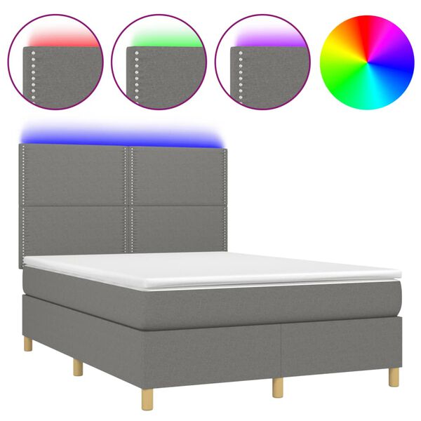 vidaXL Letto a Molle Materasso e LED Grigio Scuro 140x190cm in Tessuto