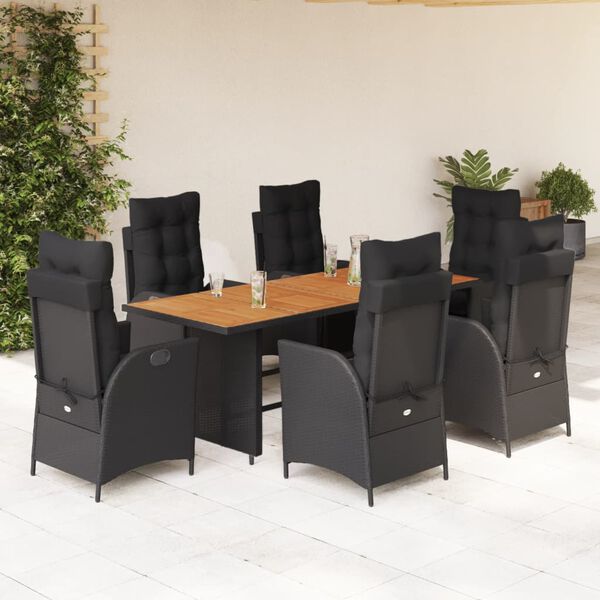 vidaXL Set da Pranzo da Giardino 7 pz Nero con Cuscini in Polyrattan
