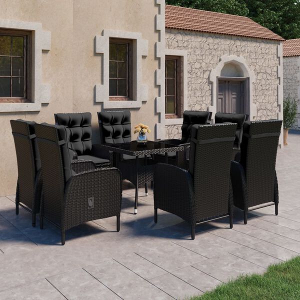 vidaXL Set da Pranzo da Giardino 9 pz in Polyrattan e Vetro Nero