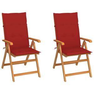vidaXL Sedie pieghevoli, 2 pezzi, con cuscini rossi, in legno massello di teak.