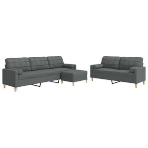 vidaXL Set Divani 3 pz con Poggiapiedi e Cuscini Grigio Scuro Tessuto