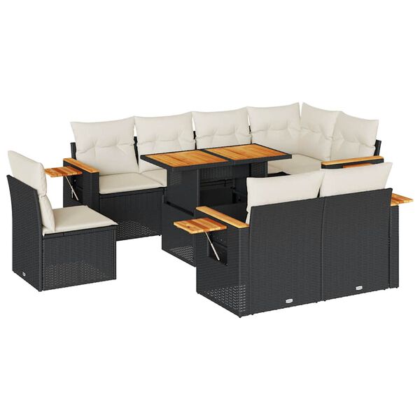 vidaXL Set Divani da Giardino 9 pz con Cuscini Nero Polyrattan Acacia