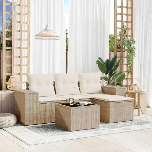 vidaXL Set Divano da Giardino 5 pz con Cuscini Beige in Polyrattan