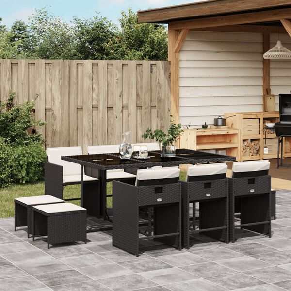 vidaXL Set da Pranzo da Giardino 11 pz con Cuscini in Polyrattan Nero