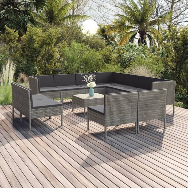 vidaXL Set Divani da Giardino 12 pz con Cuscini in Polyrattan Grigio