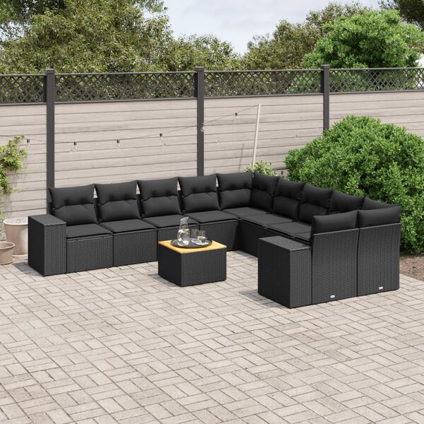 vidaXL Set Divani da Giardino 11 pz con Cuscini in Polyrattan Nero