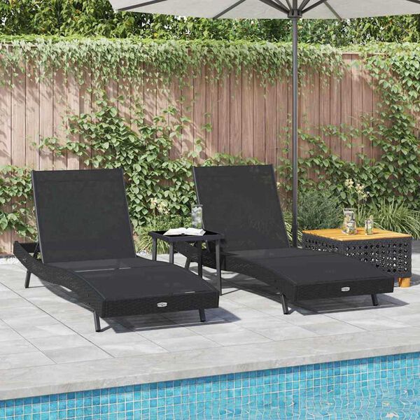 vidaXL Lettino da sole 3 pcs Nero 197 x 70 x 82 cm polyrattan