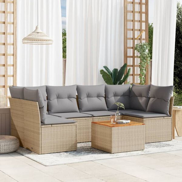 vidaXL Set Divano da Giardino 7 pz con Cuscini Beige Misto Polyrattan