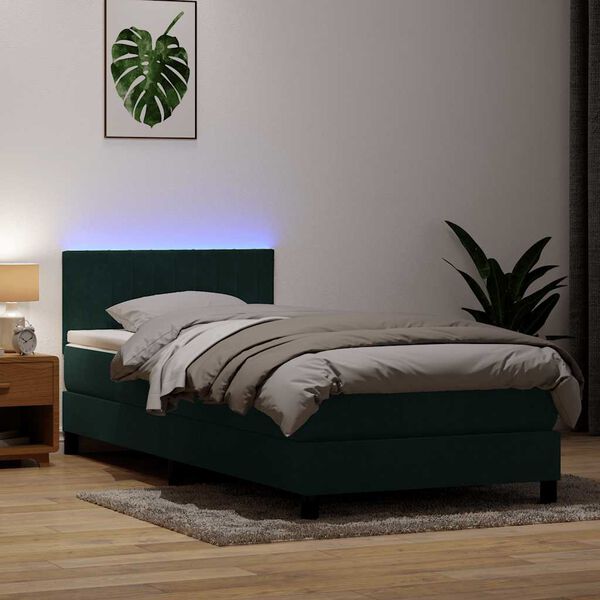 vidaXL Letto a Molle con Materasso e LED Verde Scuro 90x210 cm Velluto