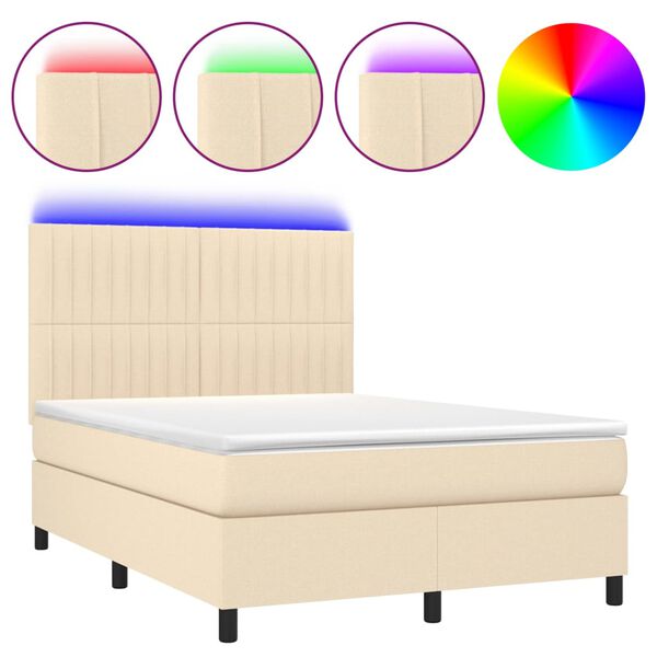 vidaXL Letto a Molle con Materasso e LED Crema 140x200 cm in Tessuto