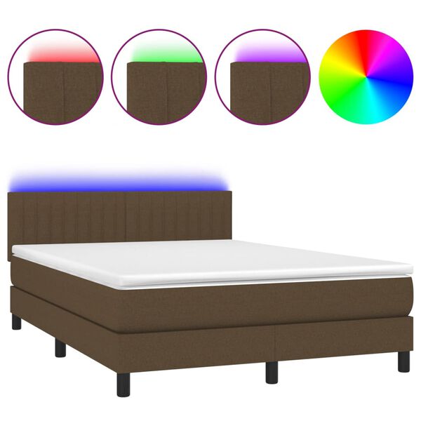 vidaXL Letto a Molle Materasso e LED MarroneScuro 140x190cm in Tessuto