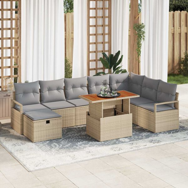 vidaXL Set Divano da Giardino con cuscino 9 pcs Beige Poly Rattan