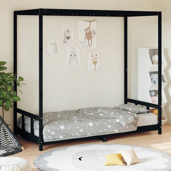 vidaXL Giroletto per Bambini Nero 90x200 cm in Legno Massello di Pino