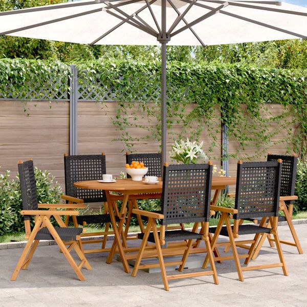 vidaXL Sedie Giardino Reclinabili 6pz Nere Polyrattan e Legno Massello