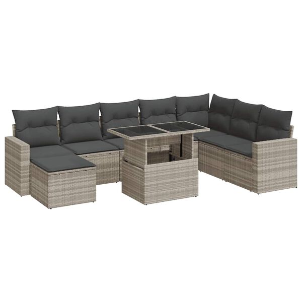vidaXL Set Divano da Giardino 9pz con Cuscini Grigio Chiaro Polyrattan