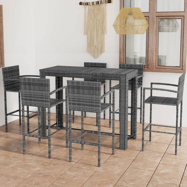 vidaXL Set Bar da Giardino 7 pz con Braccioli in Polyrattan Grigio