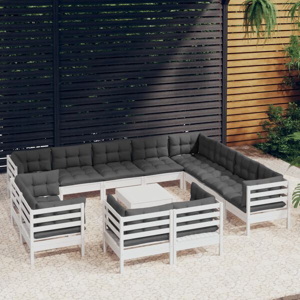 vidaXL Set Divani da Giardino 13 pz con Cuscini Bianchi Legno di Pino