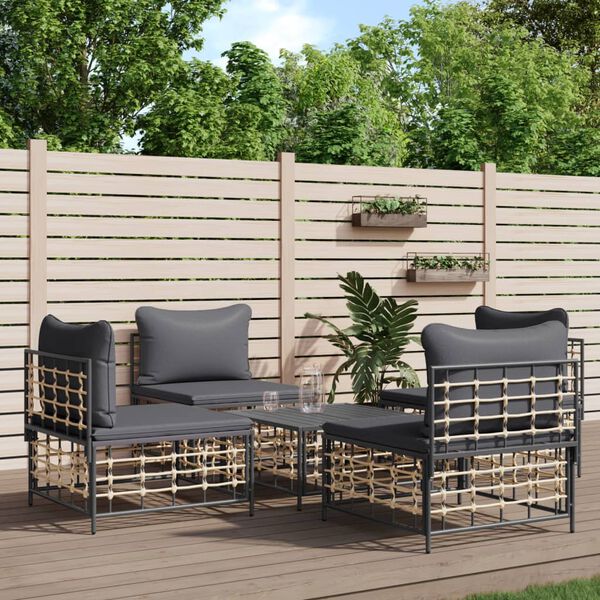 vidaXL Set Divani da Giardino 5 pz con Cuscini Antracite in Polyrattan