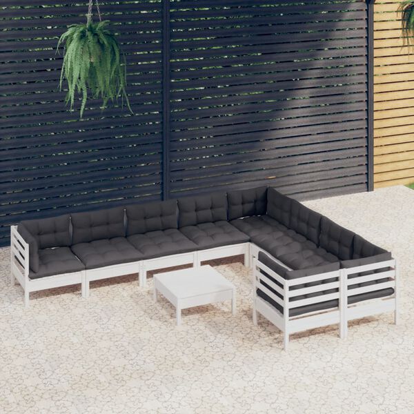 vidaXL Set Divani da Giardino 10 pz con Cuscini Bianchi Legno di Pino
