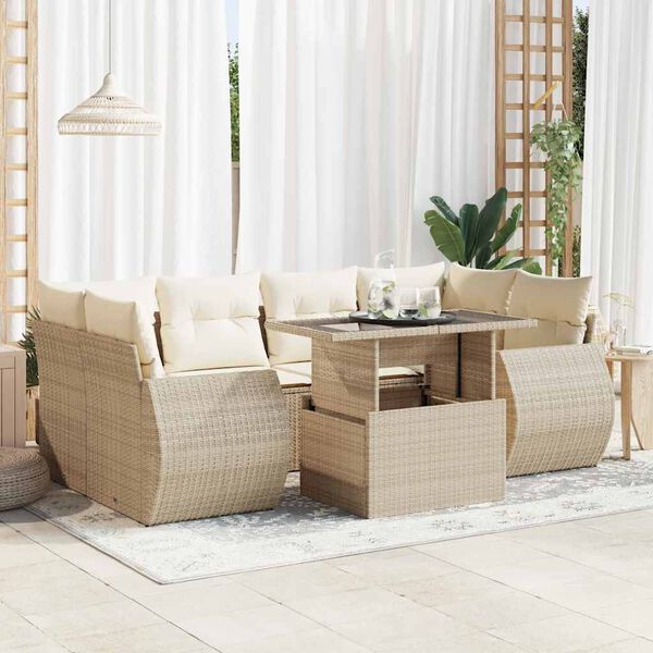 vidaXL Set Divani da Giardino 7 pz con Cuscini Beige in Polyrattan