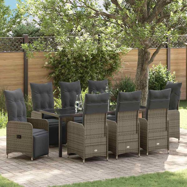 vidaXL Set da Pranzo per Giardino con cuscino 9 pcs Grigio Poly Rattan