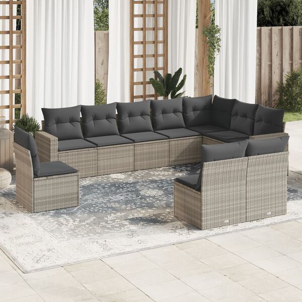 vidaXL Set Divano Giardino 10 pz con Cuscini Grigio Chiaro Polyrattan