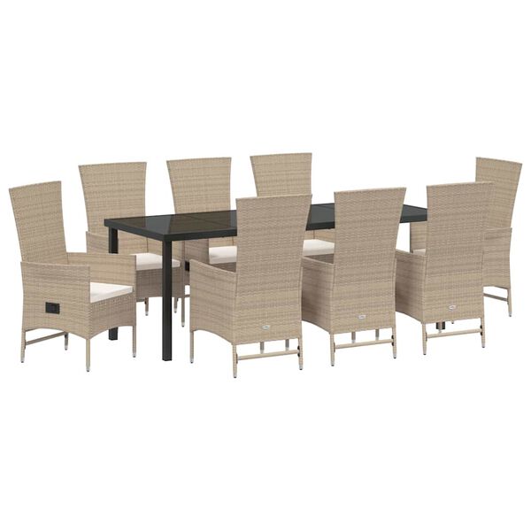 vidaXL Set da Pranzo per Giardino con cuscino 9 pcs Beige polyrattan