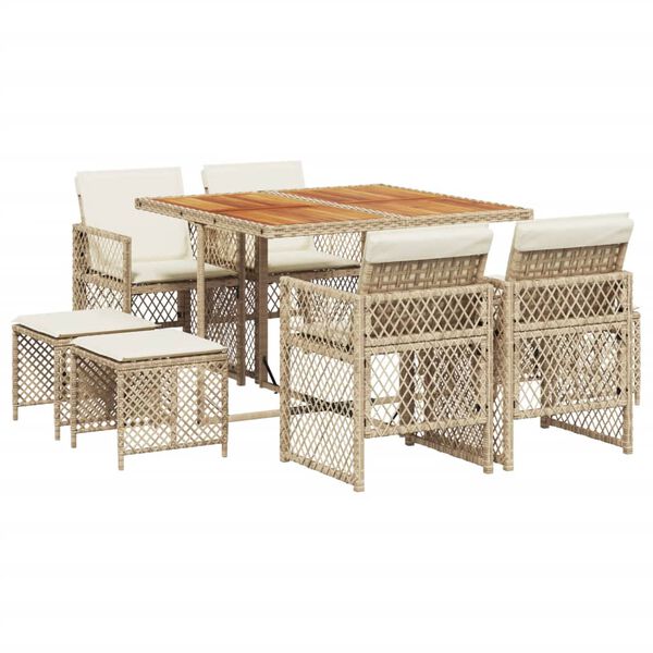 vidaXL Set da Pranzo da Giardino 9 pz con Cuscini Beige in Polyrattan