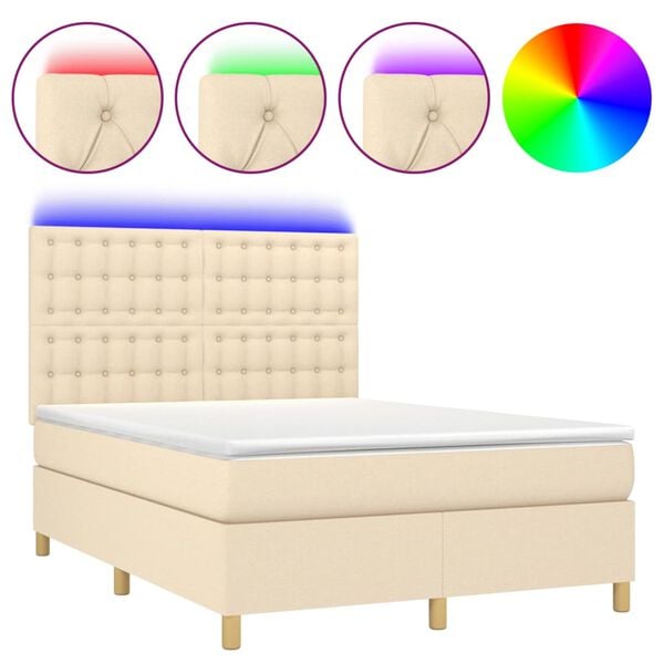 vidaXL Letto a Molle con Materasso e LED Crema 140x190 cm in Tessuto