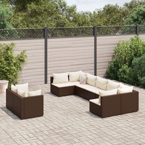 vidaXL Set Divani da Giardino 9pz con Cuscini Marrone in Polyrattan
