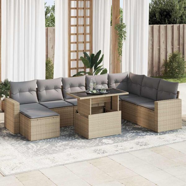 vidaXL Set Divano da Giardino 9 pz con Cuscini Beige in Polyrattan