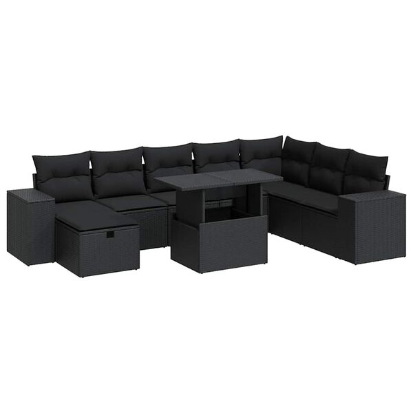 vidaXL Set Divani da Giardino 9 pz con Cuscini Nero in Polyrattan