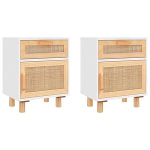 vidaXL Comodini 2 pz Bianchi Legno Massello di Pino e Rattan Naturale