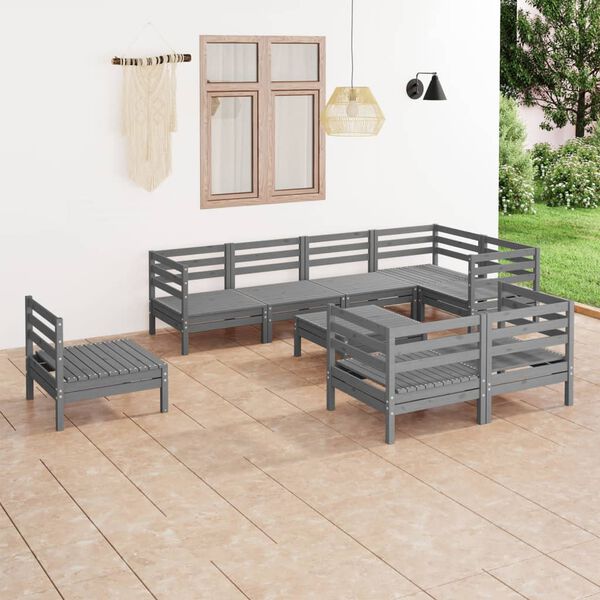 vidaXL Set Salotto da Giardino 9 pz in Legno Massello di Pino Grigio