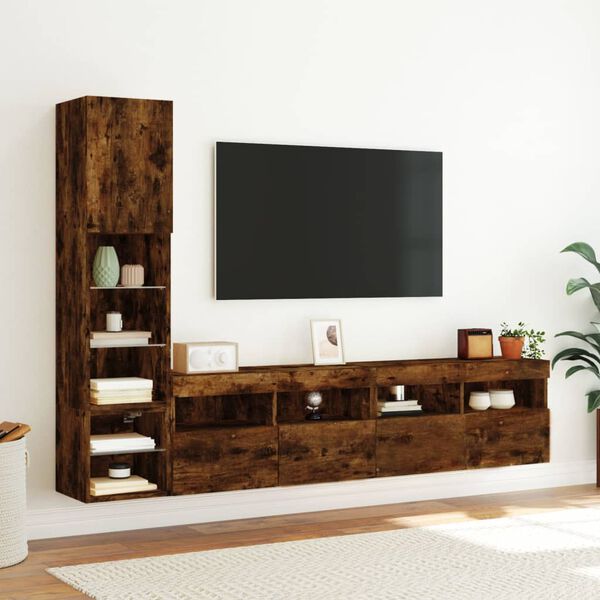 vidaXL Mobili TV a Muro con LED 4pz Rovere Fumo in Legno Multistrato
