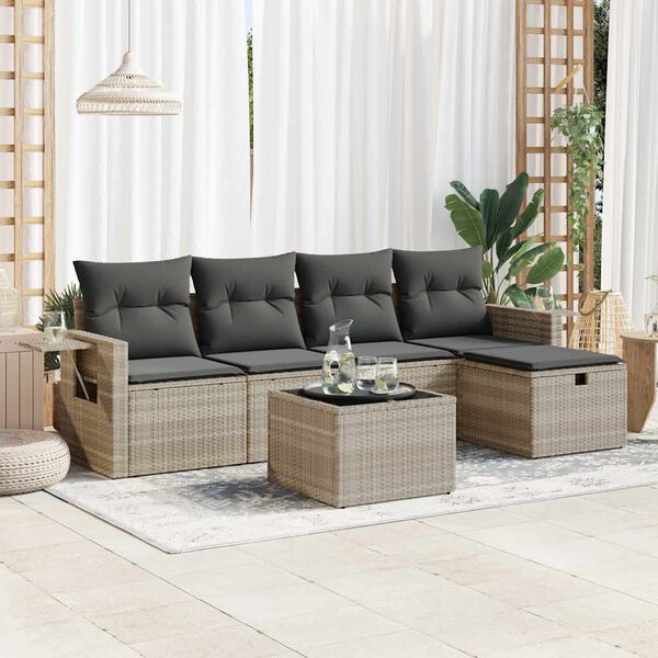 vidaXL Set Divano da Giardino 6pz con Cuscini Grigio Chiaro Polyrattan