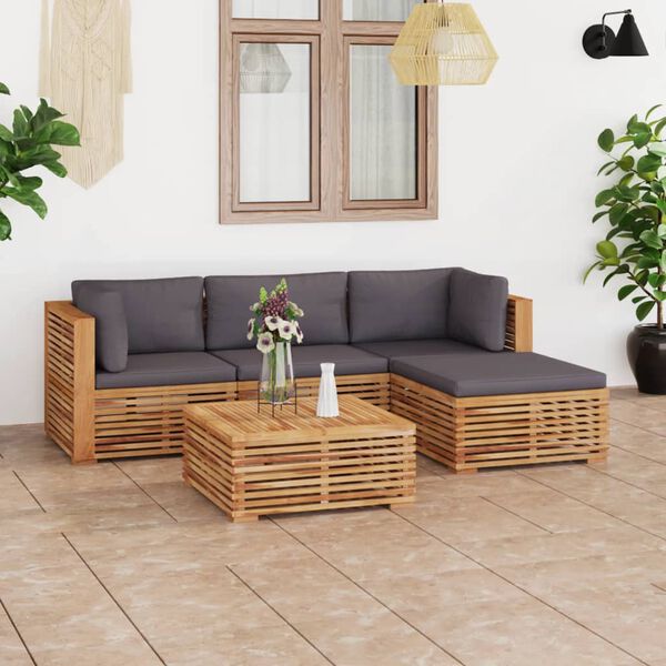vidaXL Set Divani da Giardino 5 pz Cuscini Grigio Scuro Legno di Teak
