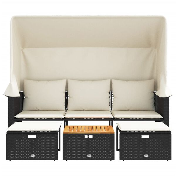vidaXL Divano Giardino 3 Posti Baldacchino e Sgabelli Nero Polyrattan