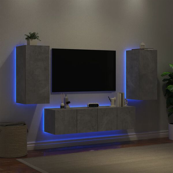 vidaXL Mobili TV a Muro con LED 4pz Grigio Cemento Legno Multistrato