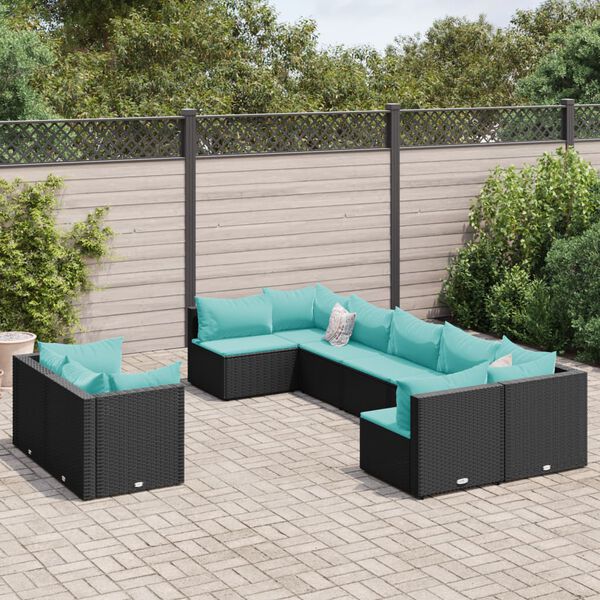 vidaXL Set Divani da Giardino 9 pz con Cuscini Nero in Polyrattan