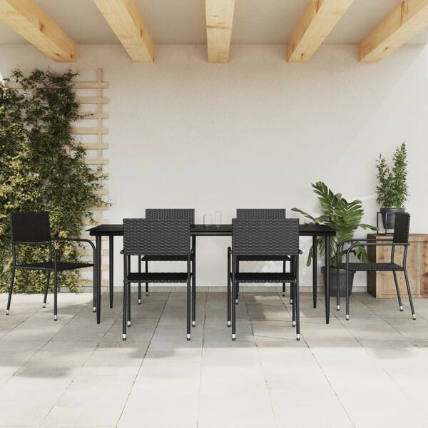vidaXL Set da Pranzo da Giardino 7 pz Nero in Polyrattan e Acciaio