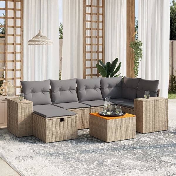 vidaXL Set Divano da Giardino 7 pz con Cuscini Beige Misto Polyrattan