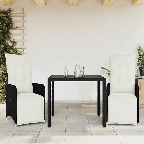vidaXL Set Bistr&ograve; da Giardino 3 pz con Cuscini in Polyrattan Nero