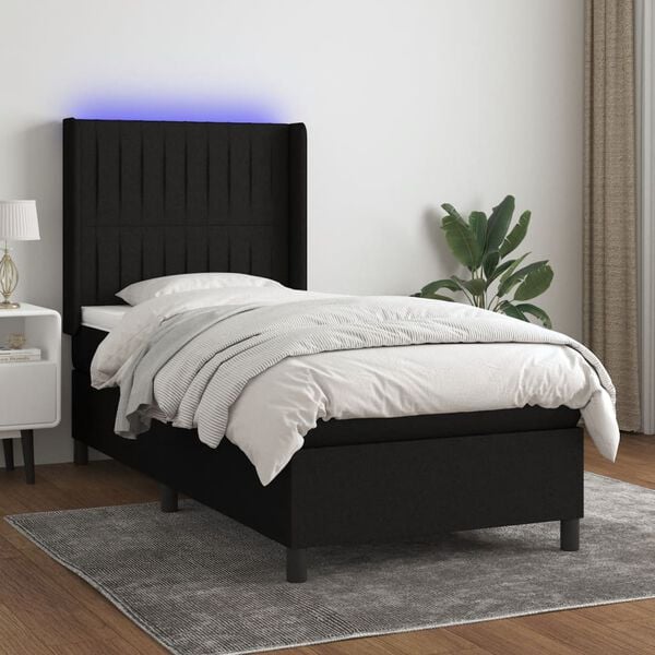 vidaXL Letto a Molle con Materasso e LED Nero 90x190 cm in Tessuto