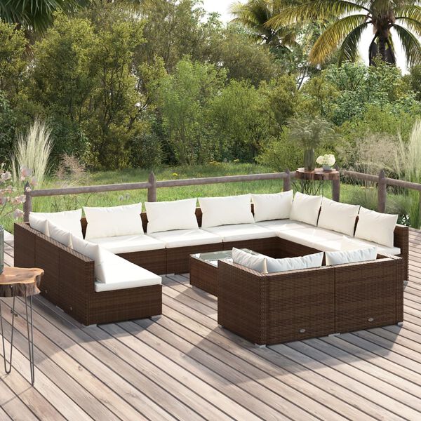 vidaXL Set Divani da Giardino 12 pz con Cuscini in Polyrattan Marrone