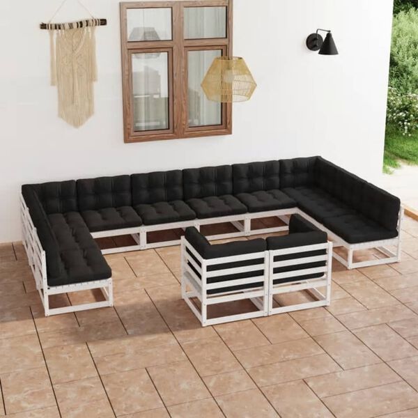 vidaXL Set Divani da Giardino 12 pz Cuscini Bianchi Massello di Pino