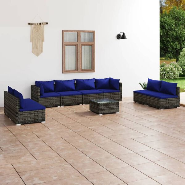 vidaXL Set Divani da Giardino 9 pz con Cuscini in Polyrattan Grigio