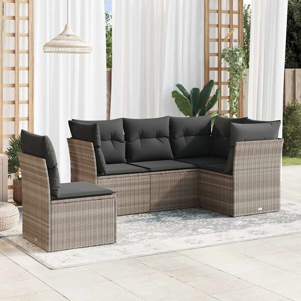 vidaXL Set Divano da Giardino 5pz con Cuscini Grigio Chiaro Polyrattan