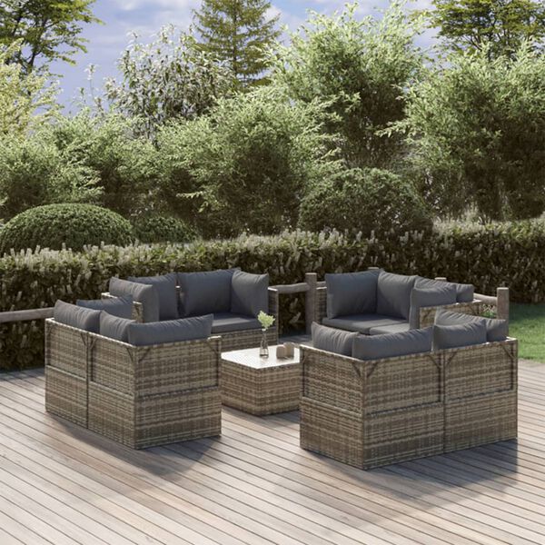 vidaXL Set Divani da Giardino 9 pz con Cuscini in Polyrattan Grigio