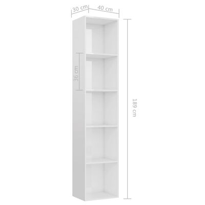 vidaXL Libreria Bianco Lucido 40x30x189 cm in Legno Multistrato